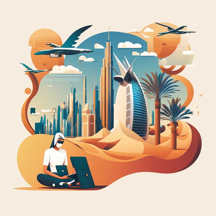 Innovative illlustration of a person in front of his laptop with the desert and Abu Dhabi in the bacground